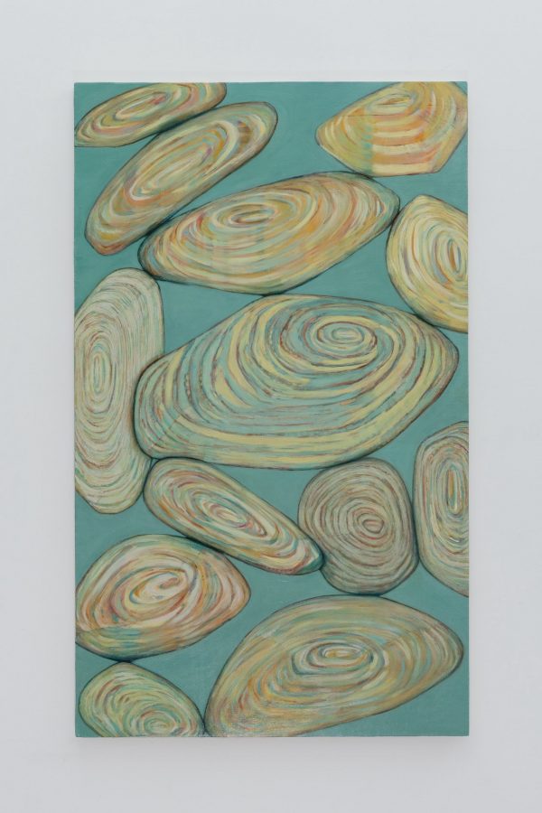Calming large oil painting by artist Sarah Kudirka. Predominantly pale blue-green background and shell-like forms, large vertical composition with points of contact between the semi-abstract shapes