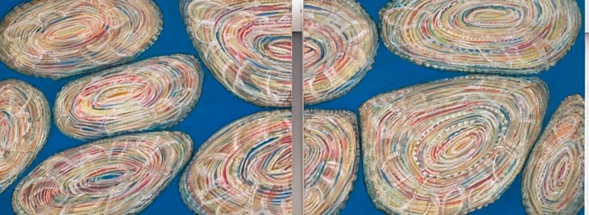 Blue background diptych painting by Sarah Kudirka of shell-like forms crowded close together oil on linen