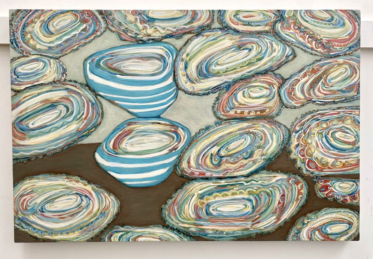 painting of shell-like forms crowded close together with striped bowls, oil on linen