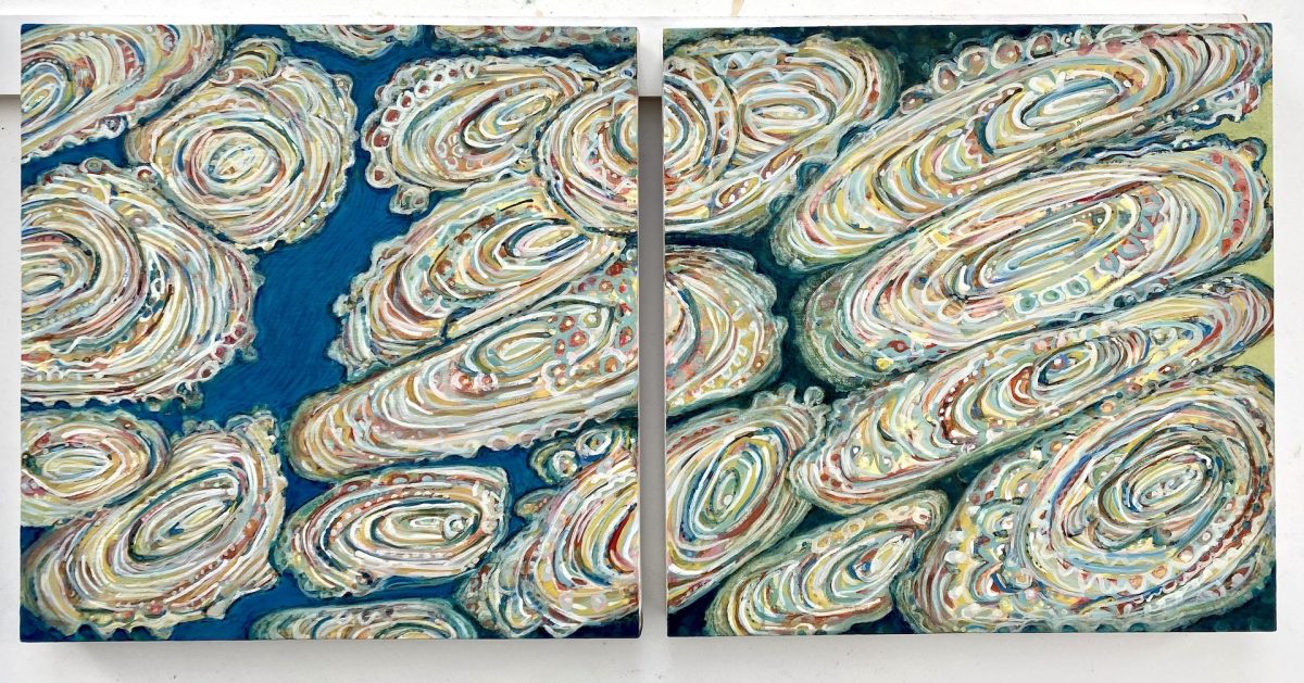 Sarah Kudirka painting of intricate colourful shell-like forms crowded close together oil on linen
