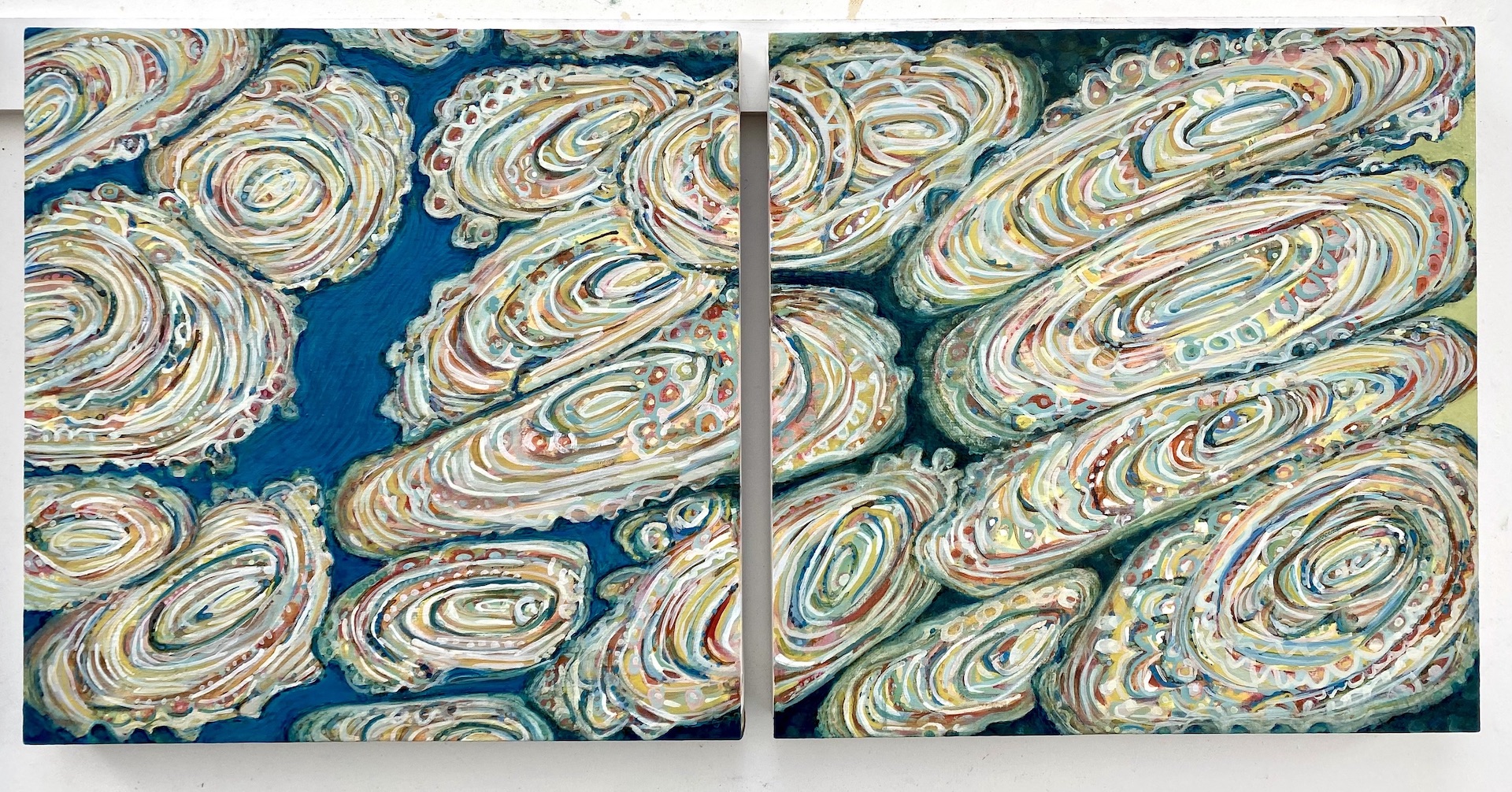 Sarah Kudirka painting of intricate colourful shell-like forms crowded close together oil on linen
